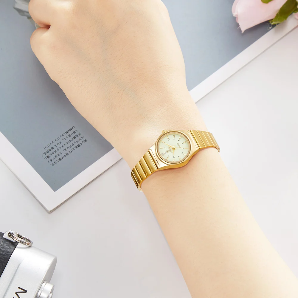 Wonen-reloj de cuarzo dorado de lujo para mujer, pulsera de acero inoxidable, resistente al agua, reloj de pulsera dorado para niña, nuevo