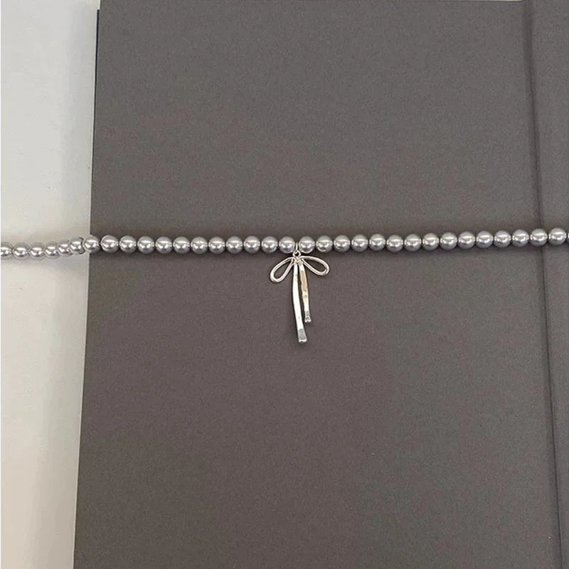 LATS Gray Pearls Bowknot Pendant Necklace for Women Girls Graceful Butterfly Choker Chain Jewelry Gift Accessories image 5