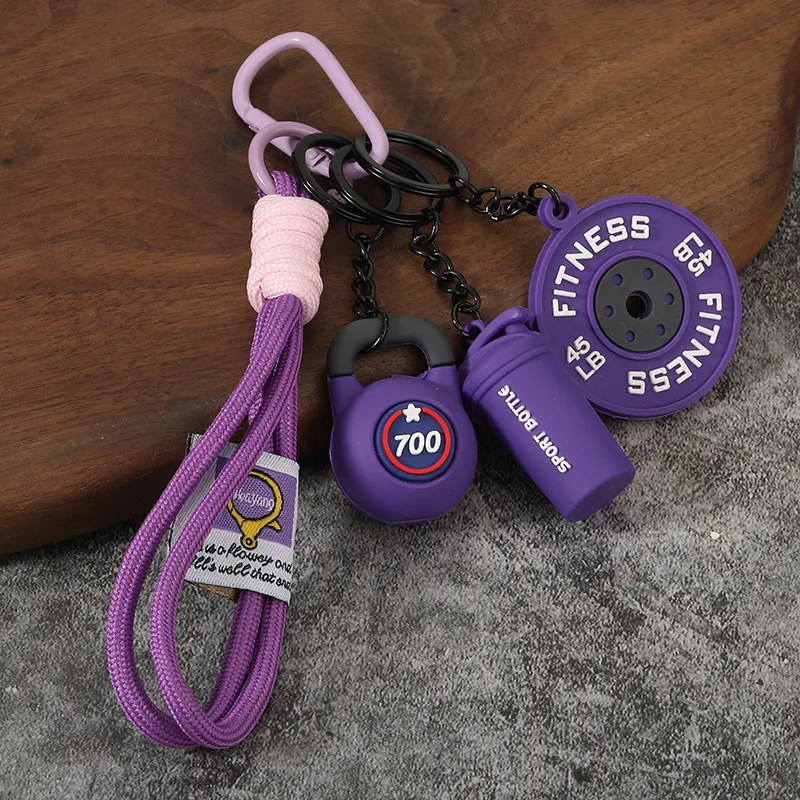 Unisex 4-in-1 Gym Fitness Keychain Pendant with Dumbbells Kettlebells Weight Plates 3D PVC Gym Bag Charm Sports Key Holder Gift