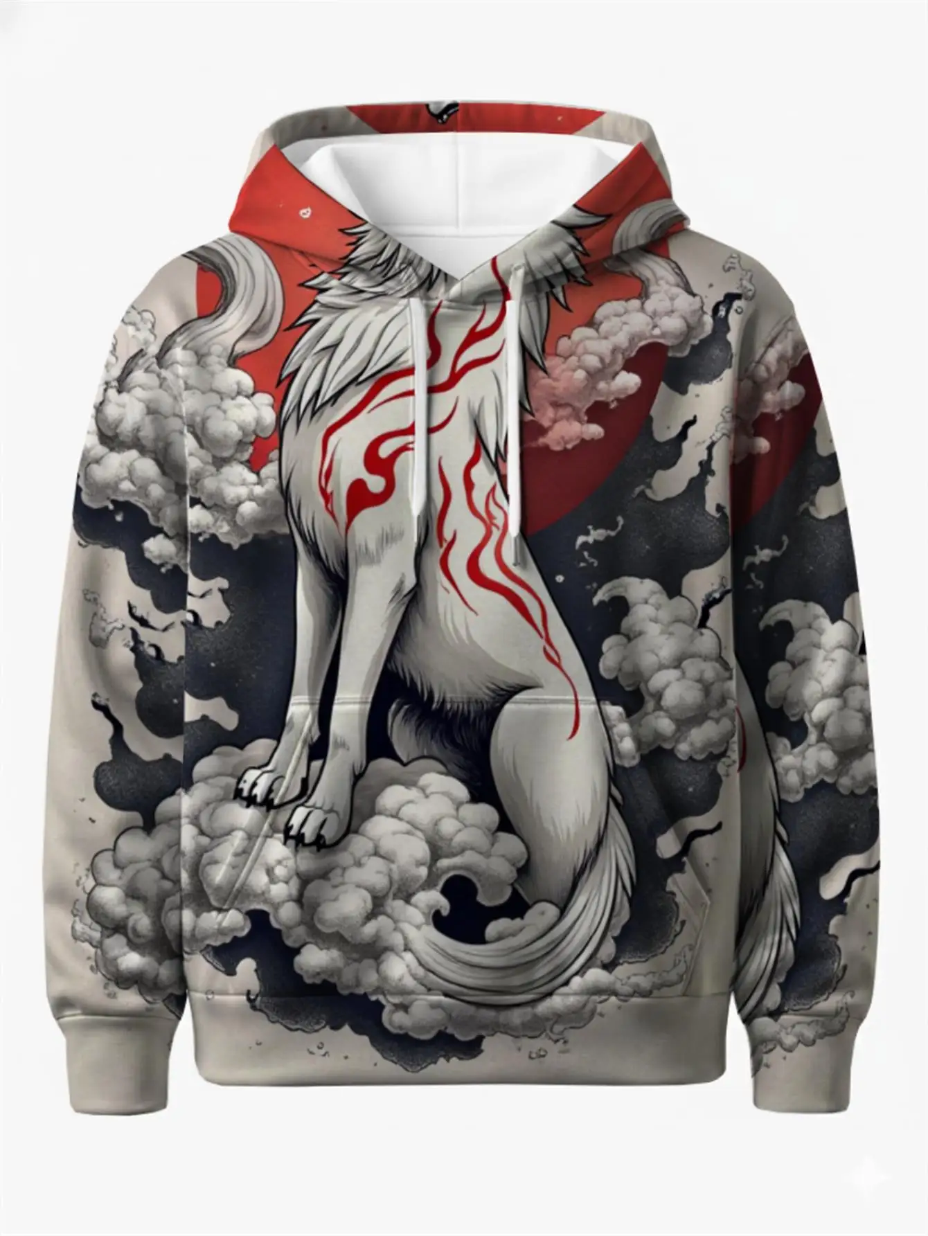 3D Full Print Fox Hoodie Men Japanese Ukiyo-e White Nine Tailed Fox Cloud Oriental Myth Drawstring Loose Casual Hooded Sweat Top