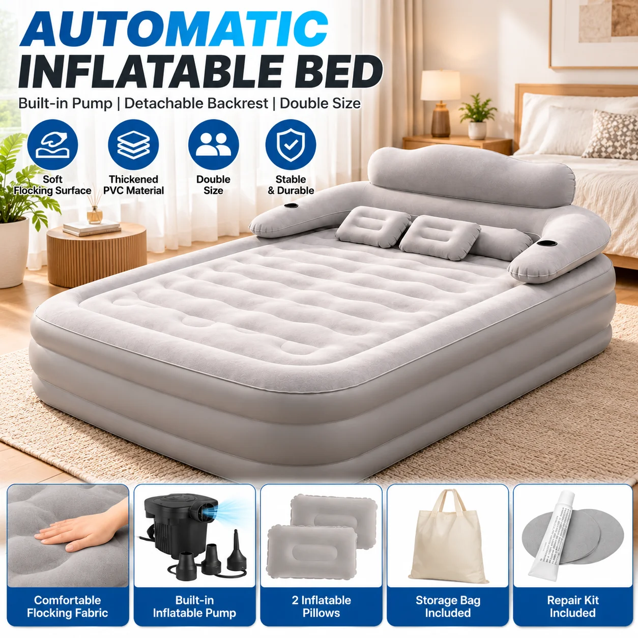 Letto gonfiabile automatico con rivestimento in tessuto floccato, materassino in PVC con schienale rimovibile, materasso da campeggio per letto matrimoniale, pompa integrata, cuscino ad aria.