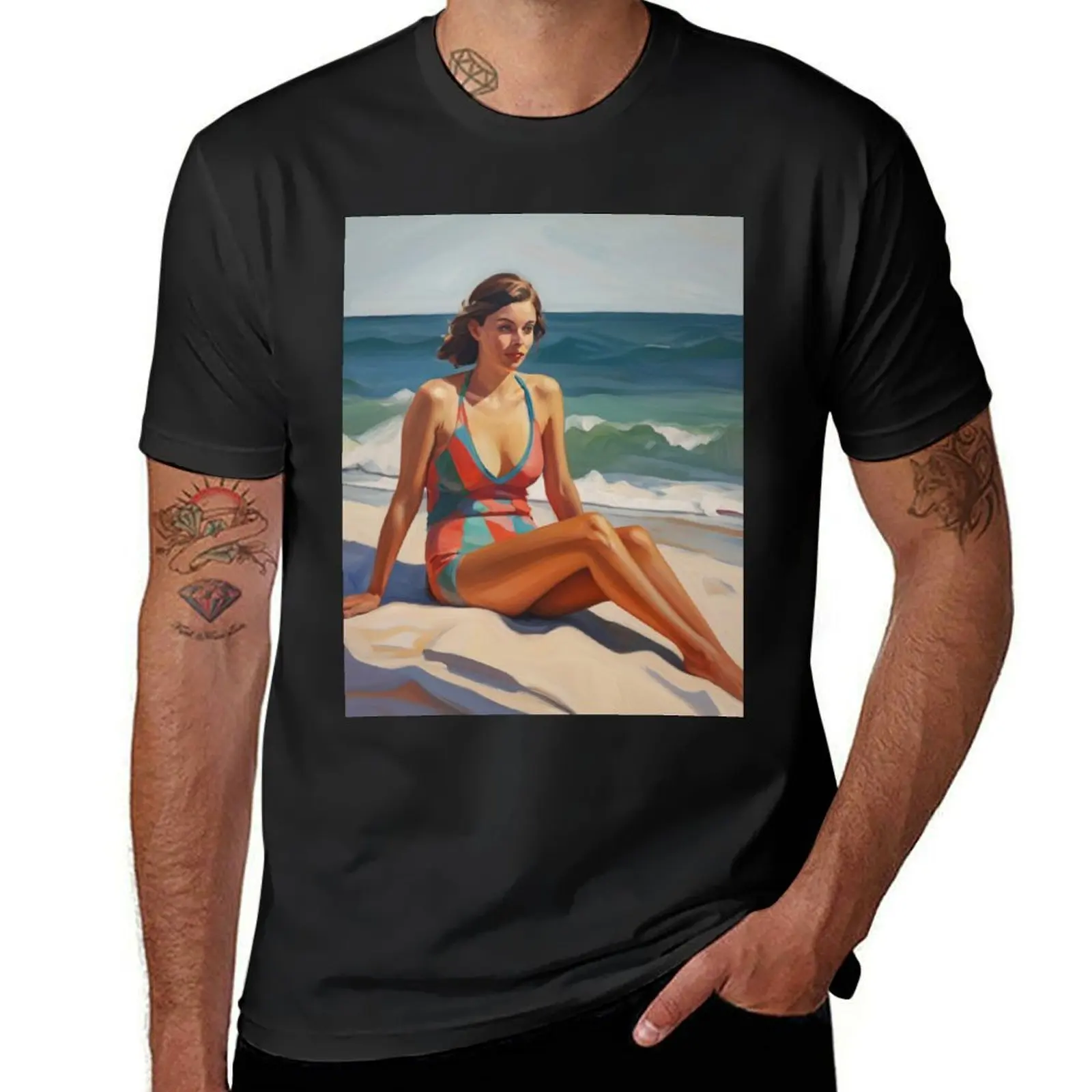 Painting of a woman on the beach wearing a colorful swimsuit T-Shirt customs anime Men's t-shirt