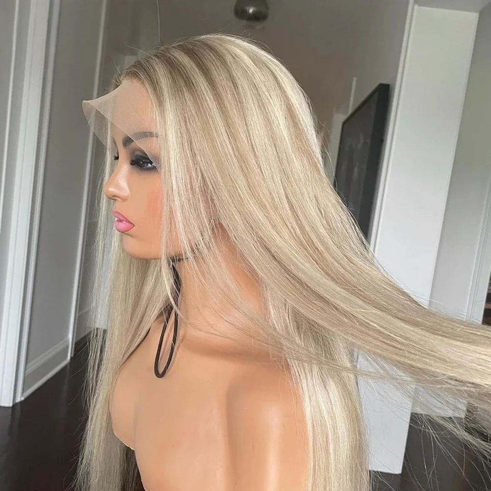 

Мягкий прямой парик из 100% человеческих волос, 18 дюймов, светлый блонд с мелированием, плотность 150%, с кружевной передней частью 13x4, с предварительно срезанными деталями baby hair.