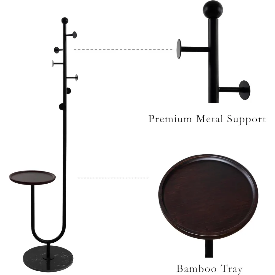 حامل معطف معدني عالي التحمل مع صينية من الخيزران و6 خطافات تتميز بقاعدة رخامية مثالية للمعيشة في مدخل غرفة النوم #6