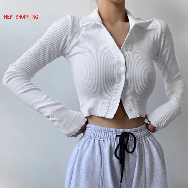 White Casual Knitted Long Sleeve Tshirt Women Button Up Turn Down Collar Basic Crop T Shirt Autumn Knitwear 2023 Spring Harajuku