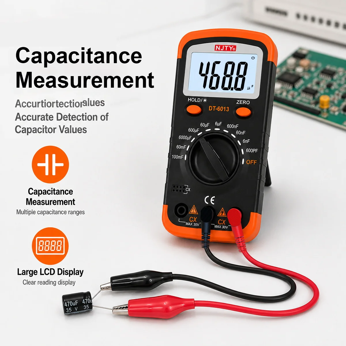 DT6013 Digital Capacitance Meter 6000 Count Capacitor Tester 100mF 10 Manual Ranges with Backlit LCD Data Hold and Zero Function