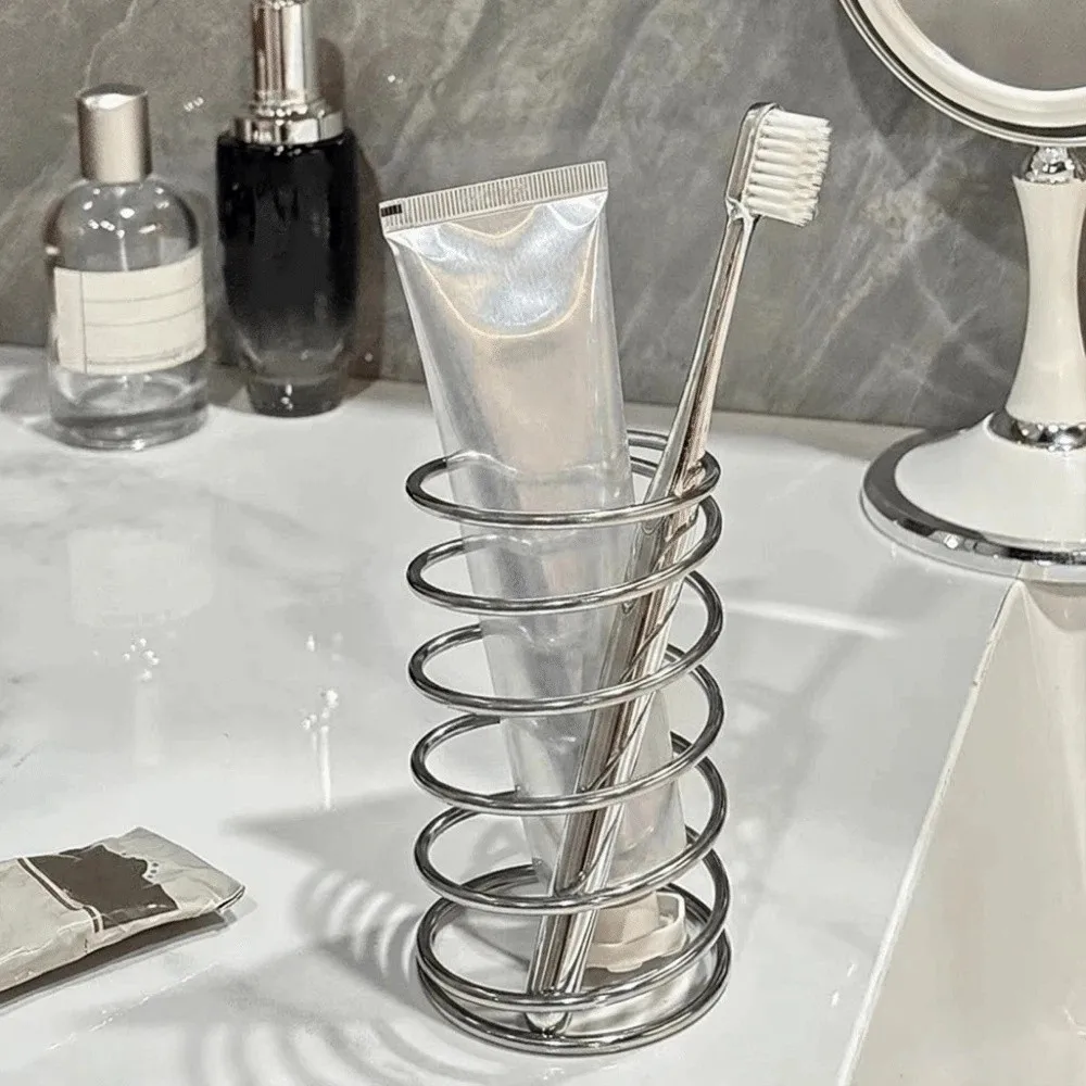 Stainless Steel Spring Shaped Toothbrush Holder Silver Hollow Toothbrush Rack Space Saving Makeup Brush Storage Rack Desktop