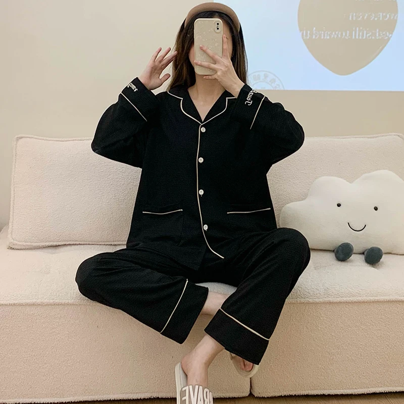 

Pure Cotton Spwear Set for Women Spring Autumn Long Sve Pants Sweet Embroidered Letter Bla Open Cardigan Two Piece Set