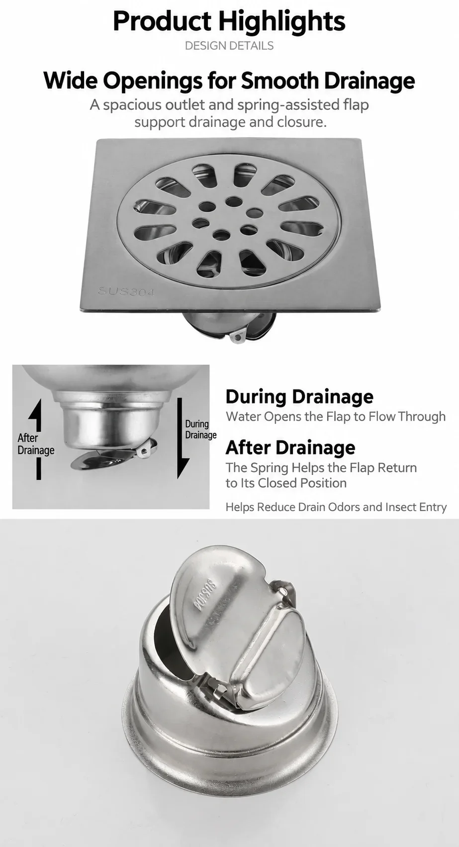 Thickened 304 Stainless Steel Square Floor Drain High Flow Anti-Odor Anti-Insect Bathroom Laundry Shower Drain