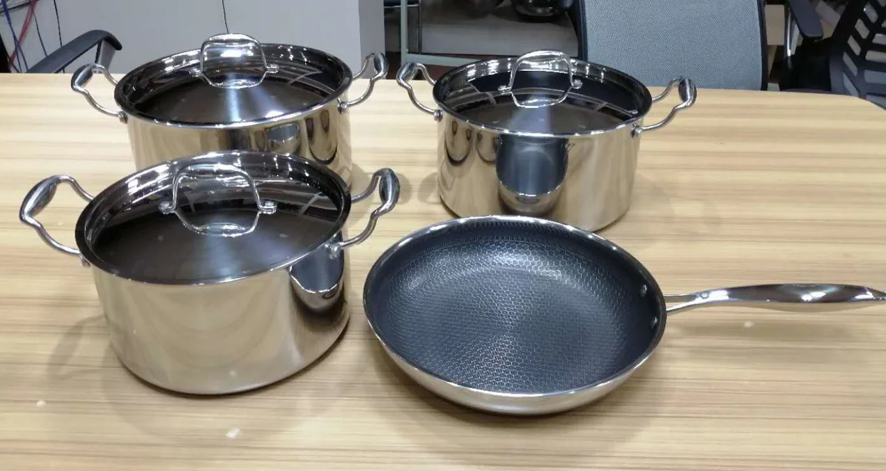 Hex Hybrid 304 Triply Stainless Steel 7 Pieces Cookware Set Non-Stick Pot Pans with Honeycomb Coating Cookware Cooking Set