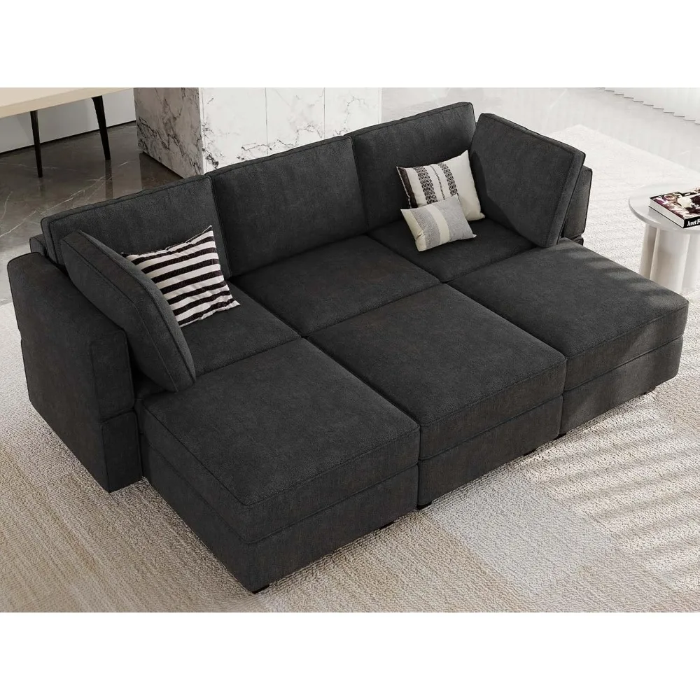 

Terry Fabric Modular Sectional Sleeper Sofa Bed with Storage Convertible Sectional Couches for Living Room 6 Seaters Black Modu