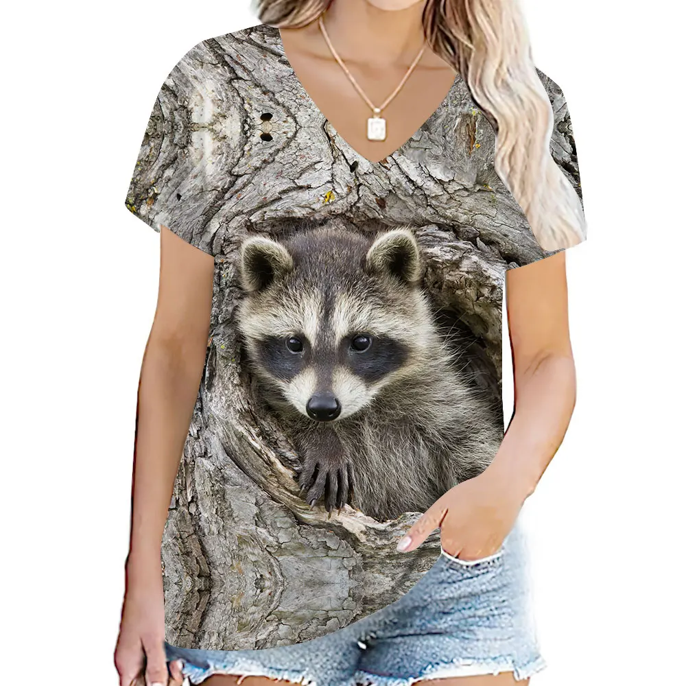 Animal Little Raccoon Squirrel 3D Print T-shirt Women Streetwear T Shirts Y2k Tops Woman Harajuku V-Neck Tees Oversized Clothing