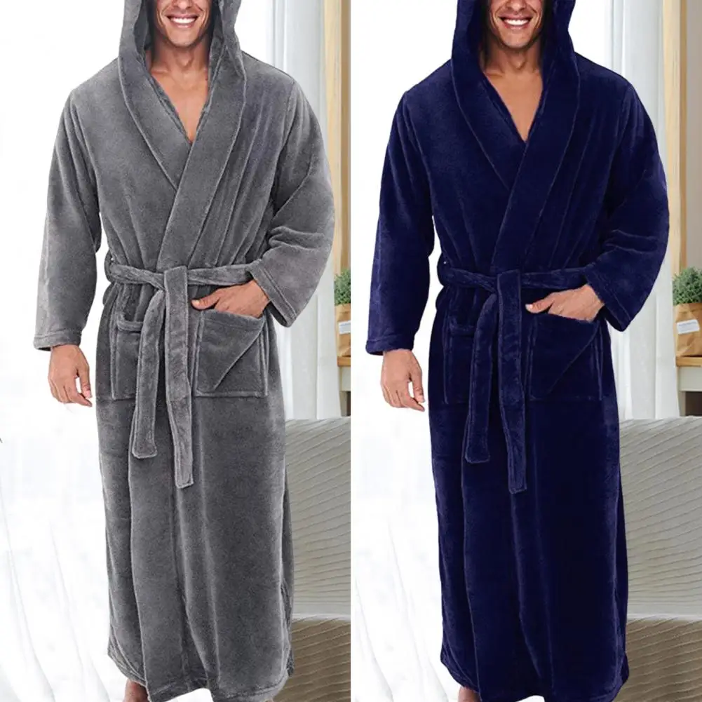 Roupão de lã com capuz manga comprida masculino, vestido de dormir, cinto de bolso quente, cor sólida, inverno