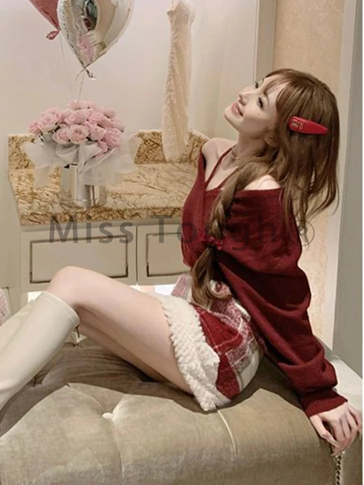 Christmas Sweet knitted Two Piece Set Women Off Shoulder Sexy Plaid Skirt Suit Famale Korean Fashion Casual Chic Set 2024 Winter