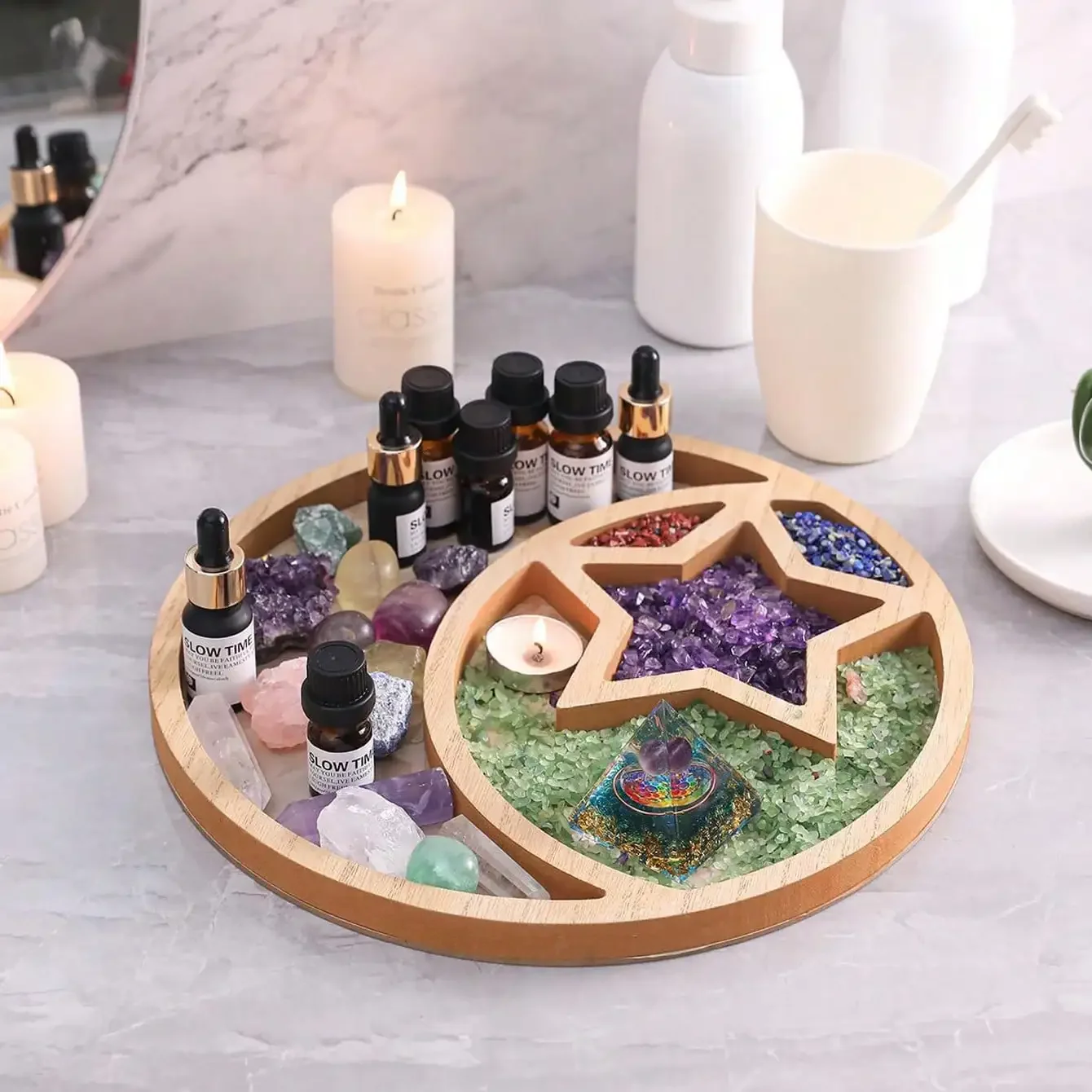 قطعة واحدة من صينية كريستال على شكل نجمة القمر - حامل عرض خشبي لأحجار الشفاء |   ديكور المنزل وفكرة هدية |   تنظيم وعرض البلورات