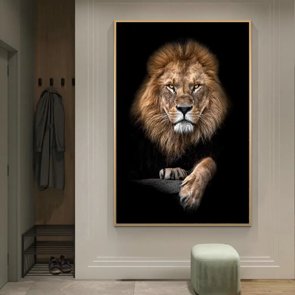 Posters and artistic impressions of African lion walls in the darkness, artistic images on animal canvases, home decor