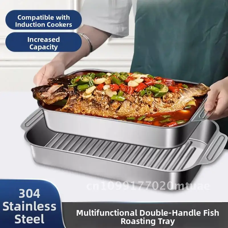 

Stainless Steel Square Grilled Fish Plate Korean Style BBQ Tray Modern Minimalist Seafood Dishwasher Safe Rustproof Oven Safe