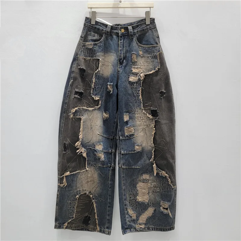HKSH Lente Herfst Nieuwe Vrouw Jeans Ripped Verontruste Patchwork Contrast Kleur Amerikaanse Retro Streetwear Y2K Denim Broek HK14422