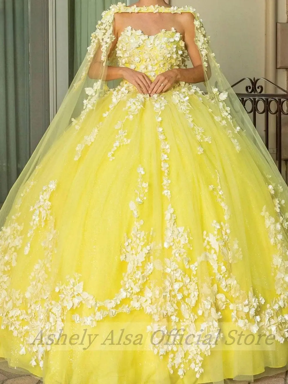 Customized Yellow Prom Dresses With Wrap Flower Applique Puffy Sweet 16 Girl Birthday Party Gown vestidos de 15 quinceañera 2024