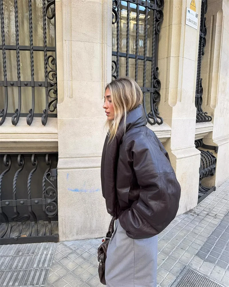 Abrigo con efecto de piel sintética para mujer, chaqueta acolchada con cremallera y solapa grande, estilo motero cálido informal a la moda de otoño e invierno