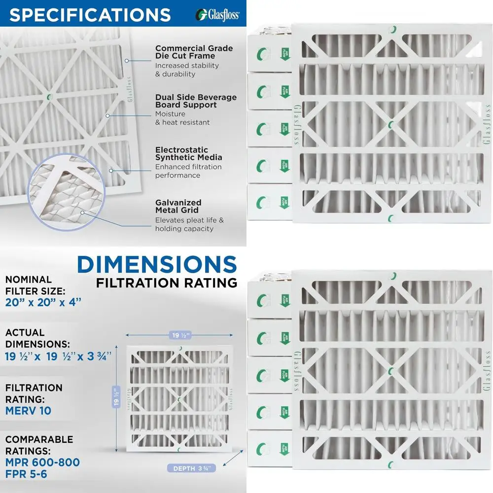 

6-Pack 20x20x4 MERV 10 Pleated Furnace Filters, 19.5x19.5x3.75 Inches