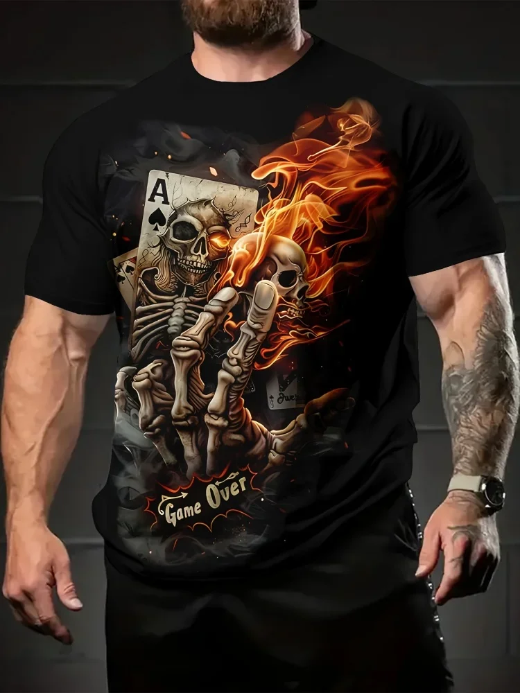2026 Neues 3D Game Over Totenkopf-Print T-Shirt Ace Spade Poker Grafik-T-Shirt für Herren Gothic Biker Skelett Lässiges Kurzarm-Oberteil