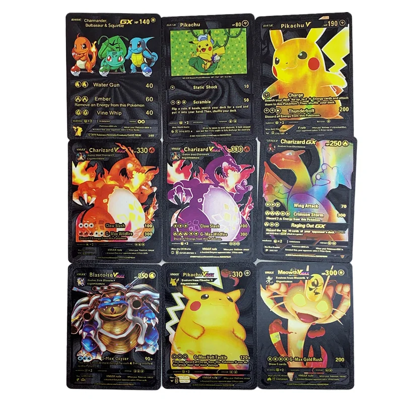 Pokémon Pikachu Gold Game Card, Metal Fire Dragon, Vmax Gx, Presente de Colecionável, Inglês, Espanhol, Colorido, Tinfoil, Preto