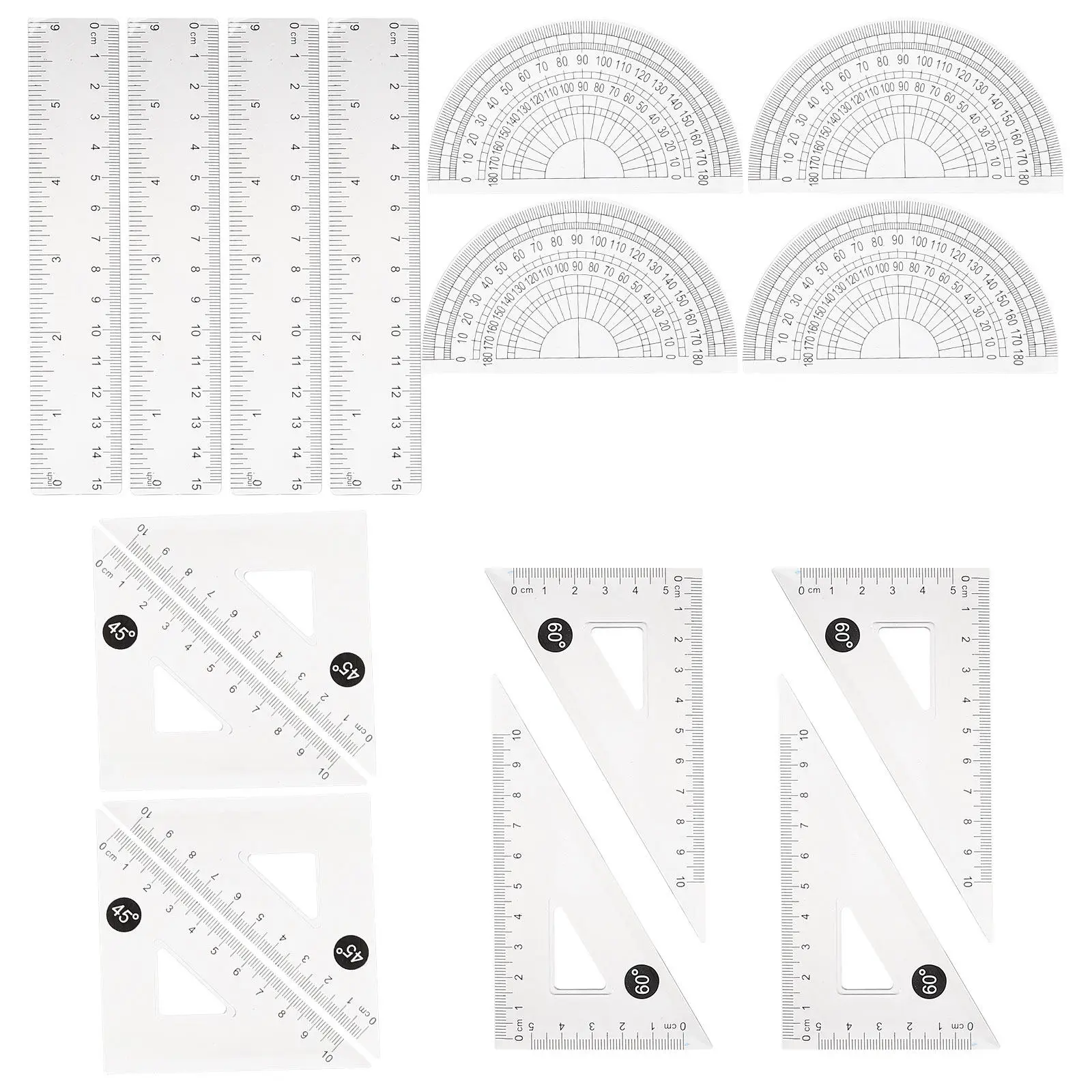 4Sets Drawing Ruler Geometry Set Plastic Stationary Ruler Triangle Protractor Measuring Set for Students Architects Designers