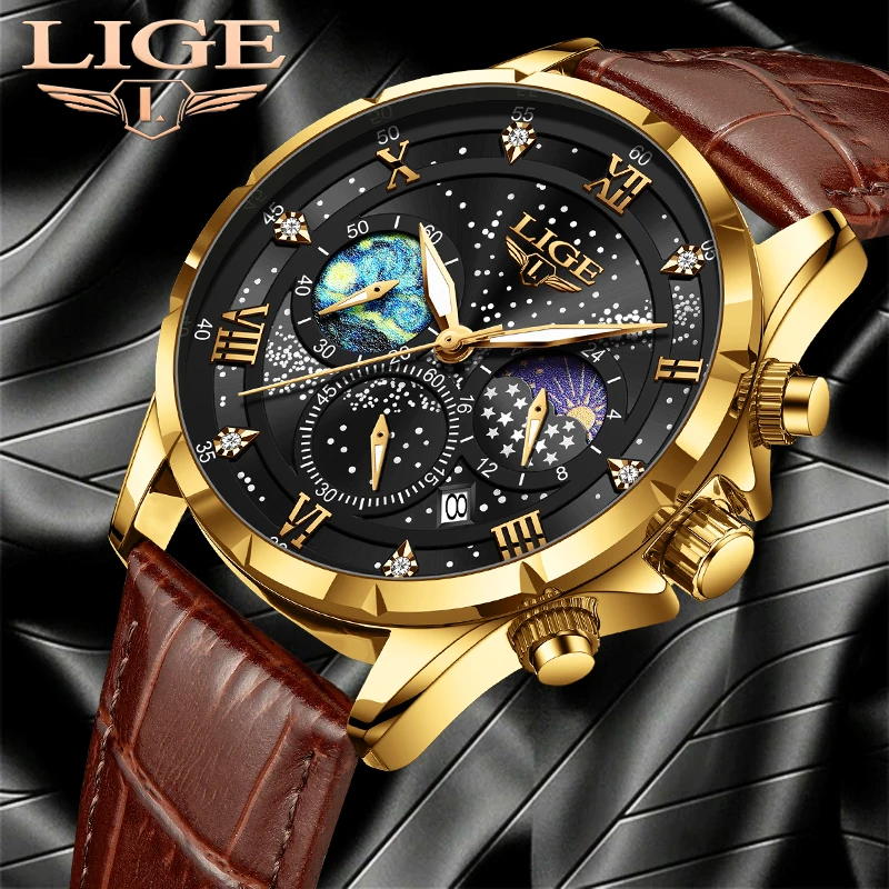 

LIGE Watches Mens Top Brand Luxury Casual Leather Quartz Men's Watch Business Clock Male Sports Waterproof Dates Chronograph
