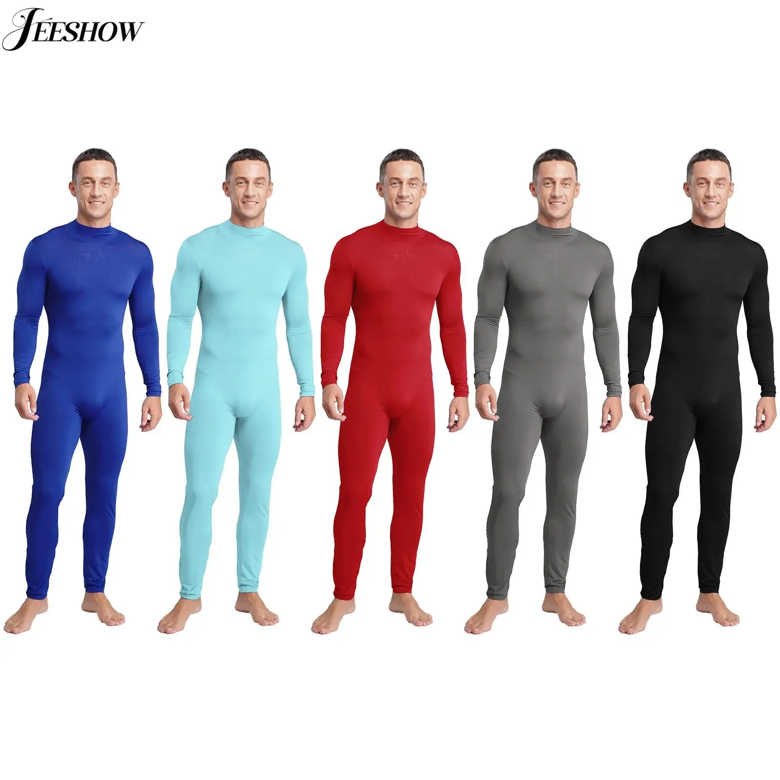 

Mens Stretchy Mock Neck Long Sleeve Jumpsuit Gymnastics Bodybuilding Back Zipper Full Length Leotard Fitness Compression Unitard