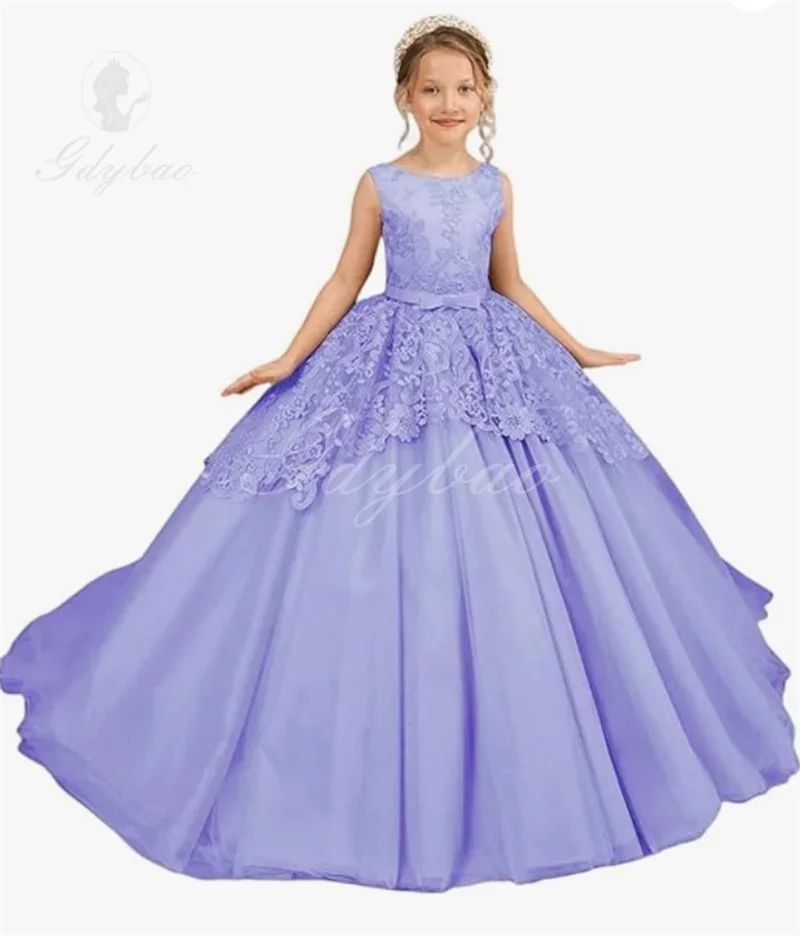 A + vestido de niña de flores para boda, Apliques de encaje, vestidos de desfile de princesa bordados, vestidos de fiesta de cumpleaños, vestidos de fiesta de boda