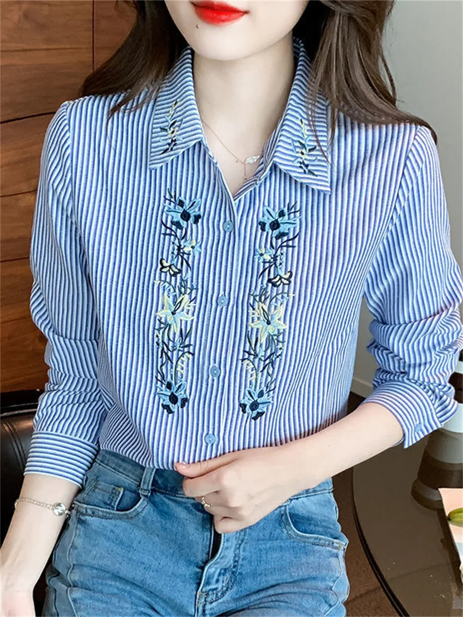 Embroidery Women Spring Autumn Blouses Shirts Lady Casual Long Sleeve Turn-down Collar Striped Printed Blusas Tops DF4781