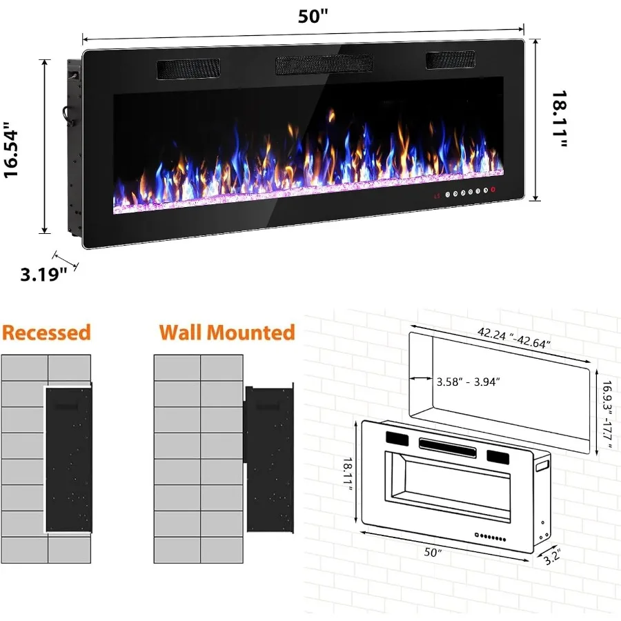 مدفأة كهربائية 50 بوصة، أماكن حريق رفيعة للغاية، مدفأة كهربائية، مثبتة على الحائط مع جهاز تحكم عن بعد #5