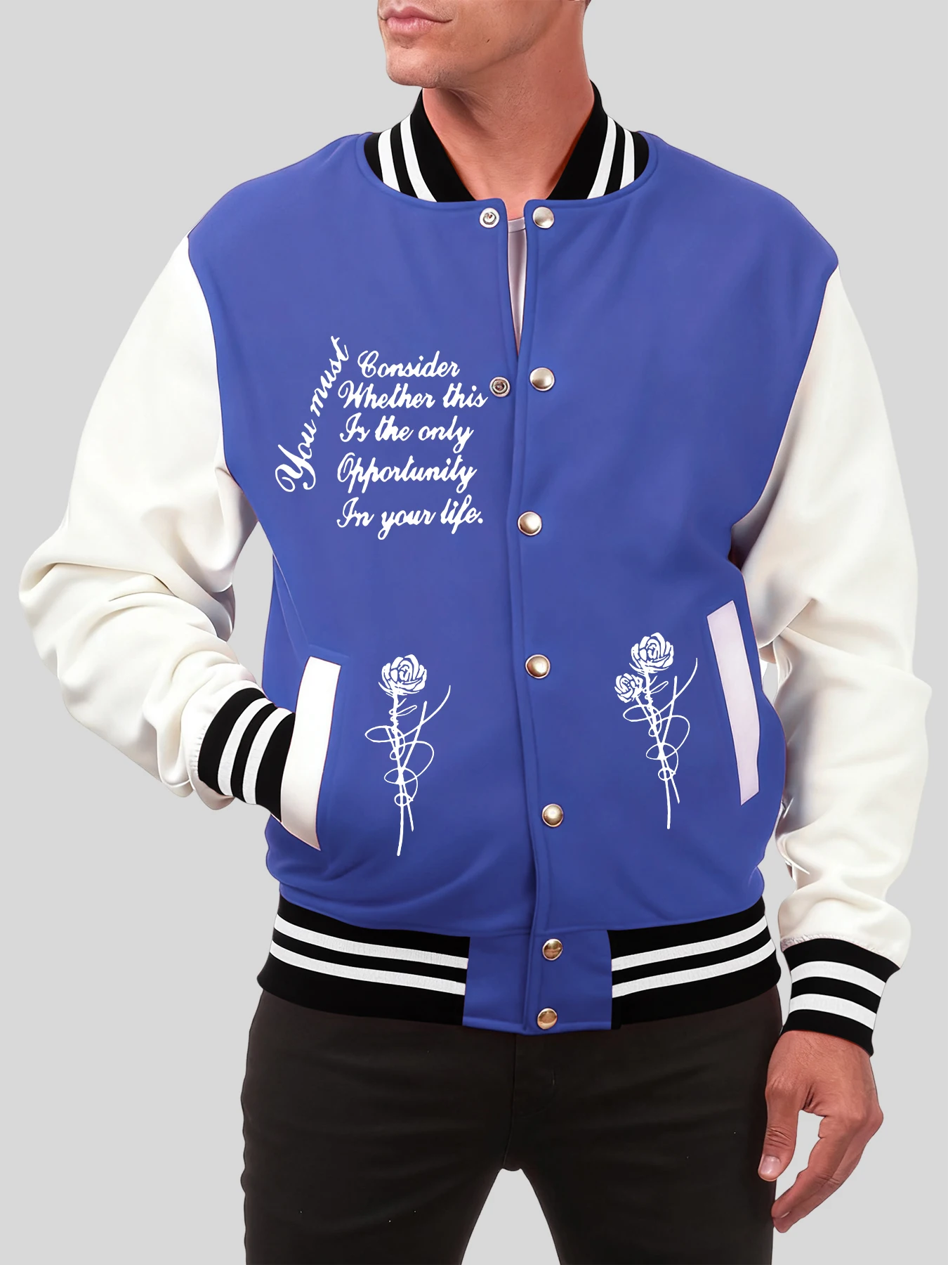 

Мужская бейсбольная форма с принтом роз и художественных слов, американская свободная одежда, красочная хлопковая куртка, осенняя уличная одежда