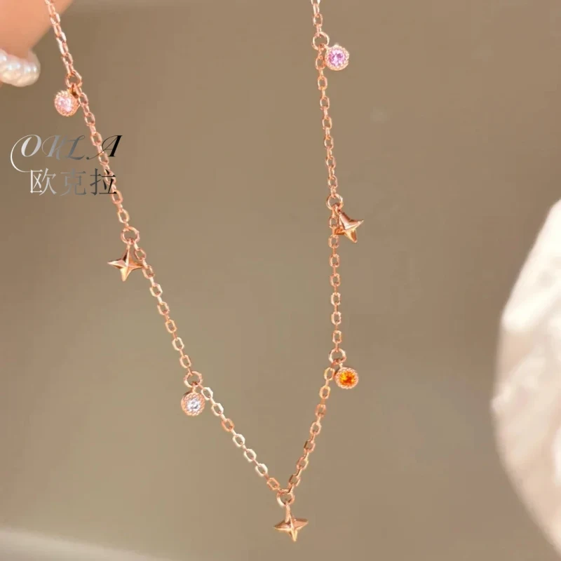 

OKLA French Style Retro Romantic Jewelry Star Design Rose Gold Color Necklaces Collarbone Chain For Women