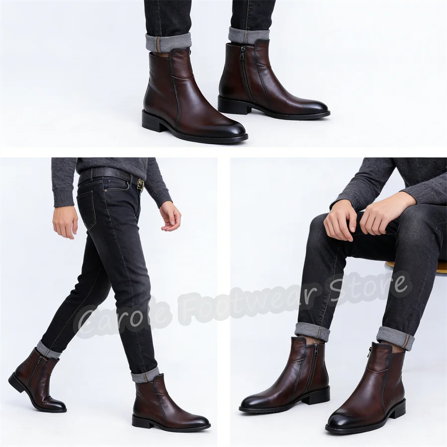 

Handmade Cowhide Leather High Top Chelsea Boots for Men Retro Breathable Chunky Heel Zip Ankle Boots Male Business Short Boots
