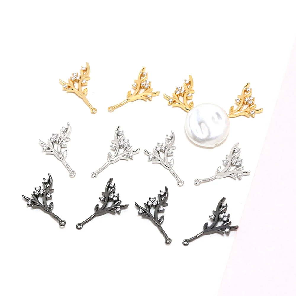 2Pairs Brass Plated with Genuine Gold Zircon Inlay Elf Deer Horn Pendant DIY Jewelry Making Necklace Bracelet Baroque Accessory