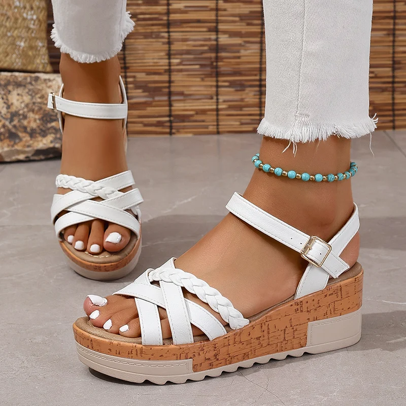 Vintage Braid Chunky Platform Sandals Women 2024 New Lightweight Thick Sole Sandles Woman Ankle Buckle Gladiator Shoes Mujer 41