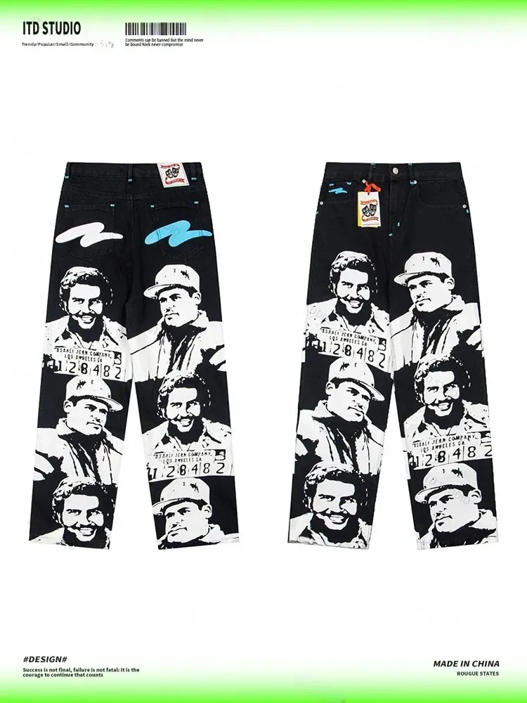 High Waist Straight Leg American Style Jeans Men Women High Quality Cross-Border Trendy Brand Vibe Print Casual Loose Fit