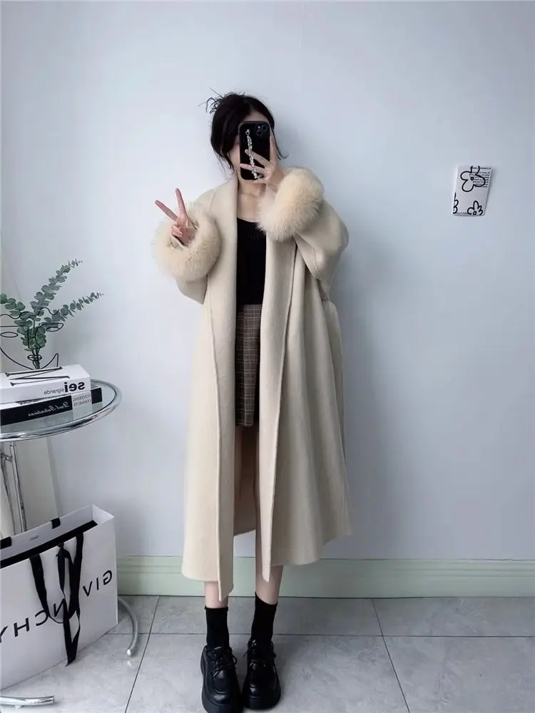 New Spring Winter Warm Faux Fur Long Woolen Coat Women Elegant Warm Wool Blend Trench Coat With Belt Fashion Outerwear