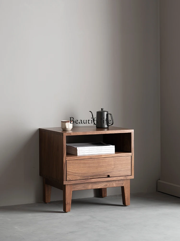 

North America Black Walnut Wooden Bedside Table Nordic Solid Wood Drawer Storage Cabinet