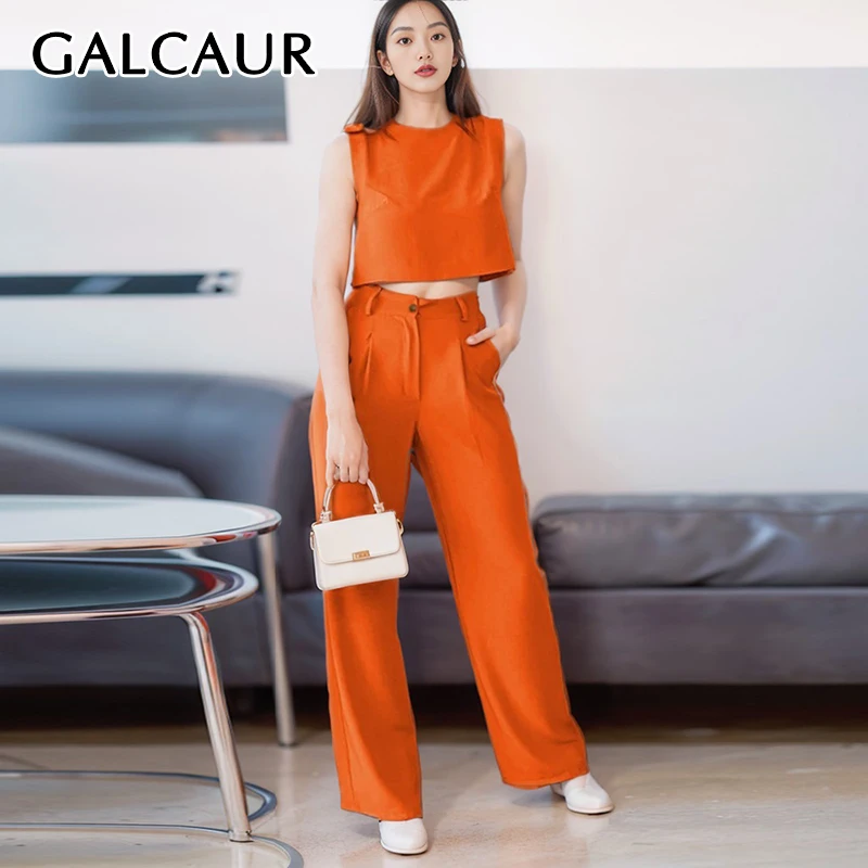 

GALCAUR Solid Two Piece Sets For Female Round Neck Sleeveless Tops High Waist Spliced Botton Wide Leg Pant Casual Set Women 2024