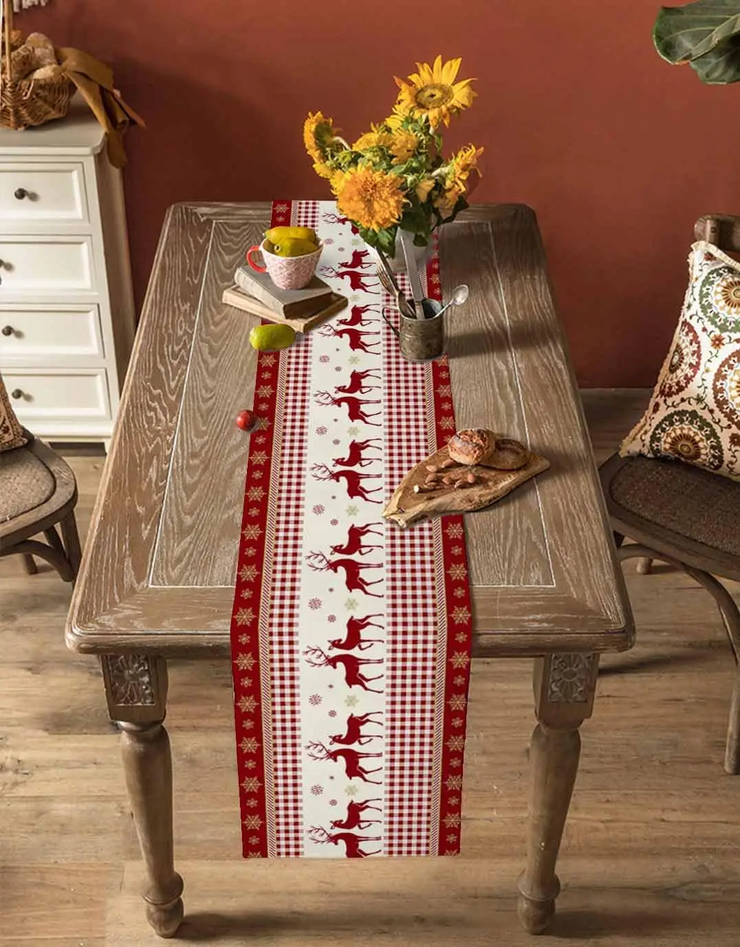 Merry Christmas Reindeer Snowflakes Linen Table Runner Home Decor Winter Xmas Buffalo Plaid Table Runners Christmas Decorations