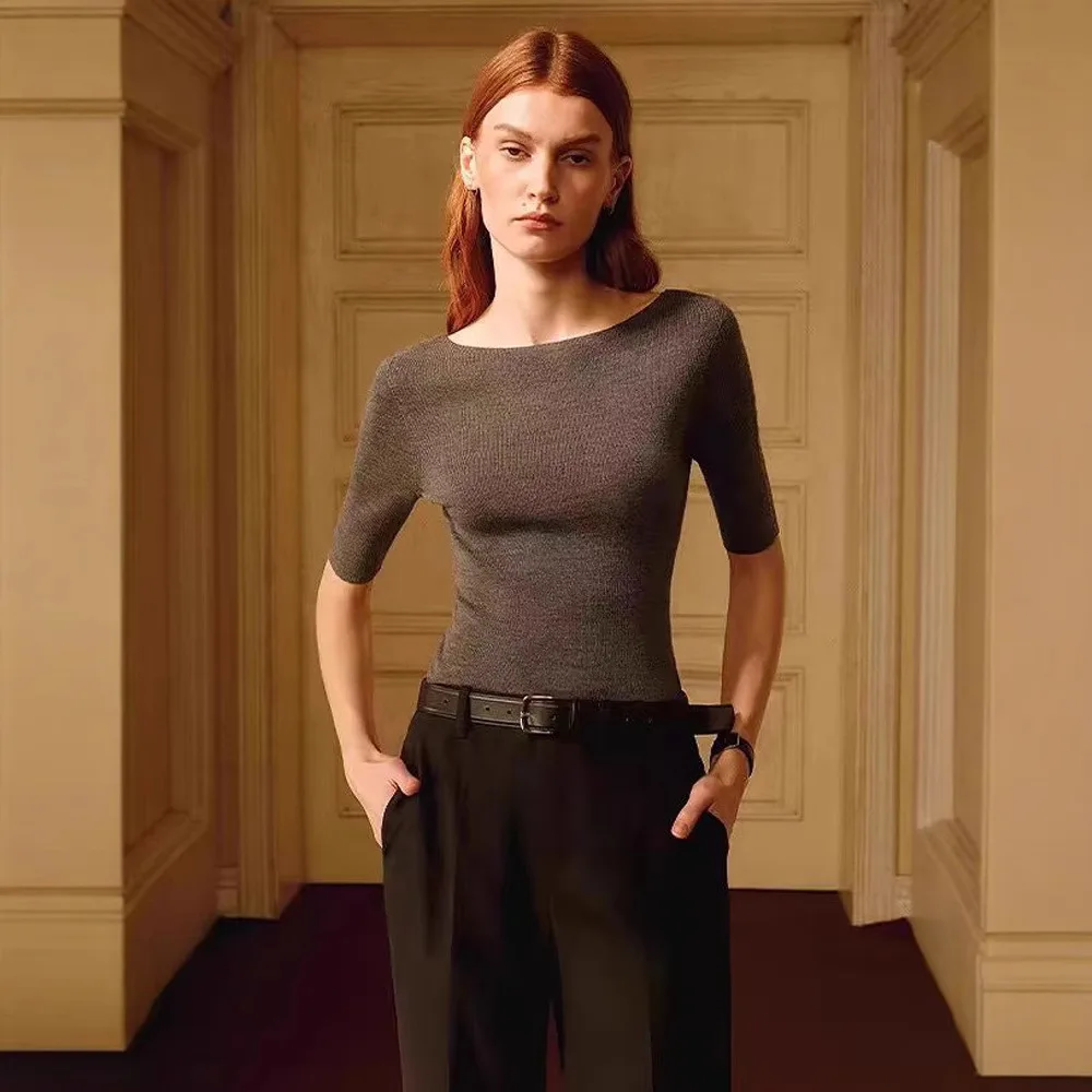 

2025 Medium Sleeve One-word Neck Knitted T-shirt Bottoming Shirt Women's European and American Women's Clothing