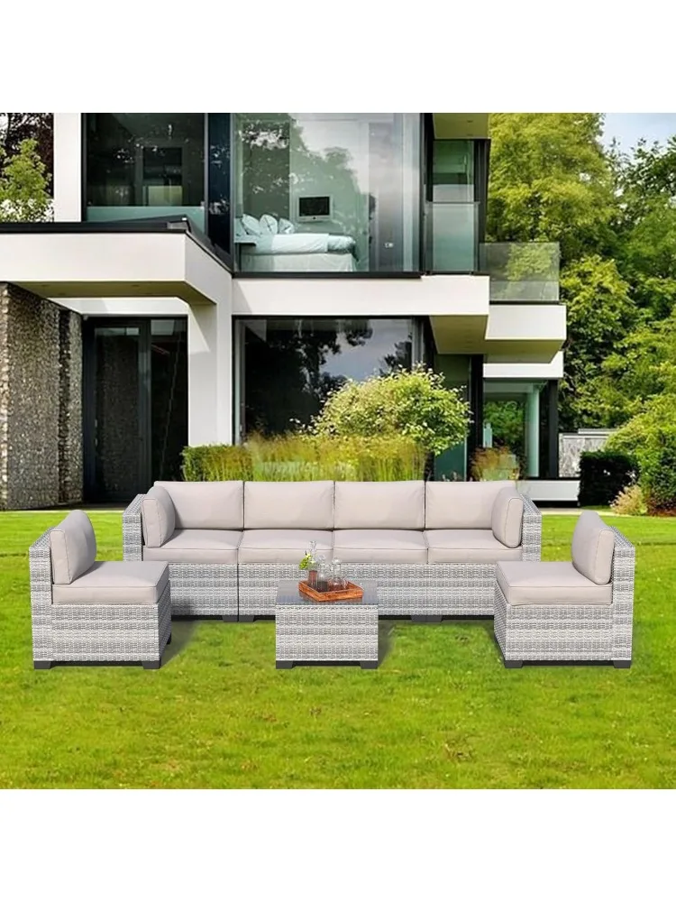 

7 Pieces Outdoor Patio Furniture Set, Rattan Sectional Sofa, Conversation Set with Waterproof Cushion and Coffee Table, for Deck