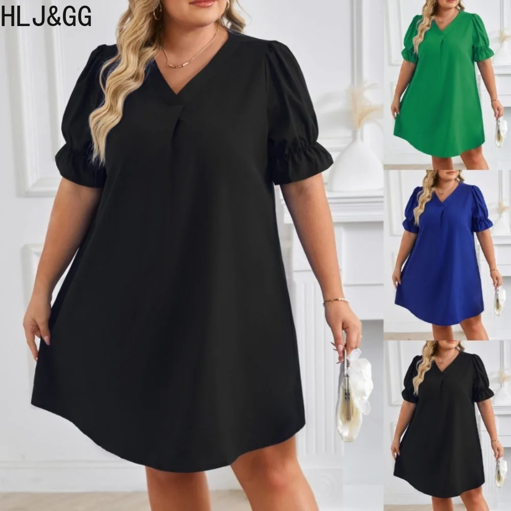 

HLJ&GG Elegant Lady Solid Color A-line Mini Dresses Women V Neck Short Sleeve Loose Vestidos Fashion Female OL Clothing 2024 New