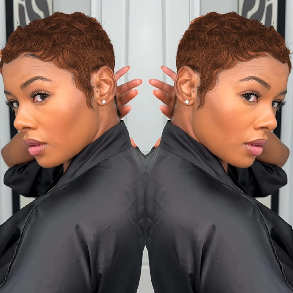 Pixie Cut Curly Wave Human Hair Wig for Women Full Machine Made Wig for Daily Wear and Party 150% Density 4Inch