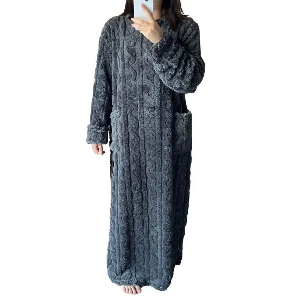 Women Solid Color Nightgown Loose Robe for Warmth Women’s Winter Nightgown Thick Coral Fleece Sleepwear with Pockets Round