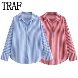 TRAF Striped Button Up Shirt Women Blue Collared Oversize Shirt Woman Fashion Loose Summer Blouses Woman 2023 Long Sleeve Top