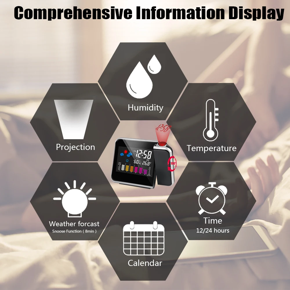 Color Display Clock Digital Alarm Clock With Time Projection Weather Station Rotatable Table Clock